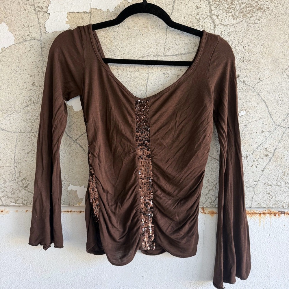 Y2K Sequin Top Fairycore Ruched Long Sleeve Bell Sleeve V Neck Vintage Anna Paul